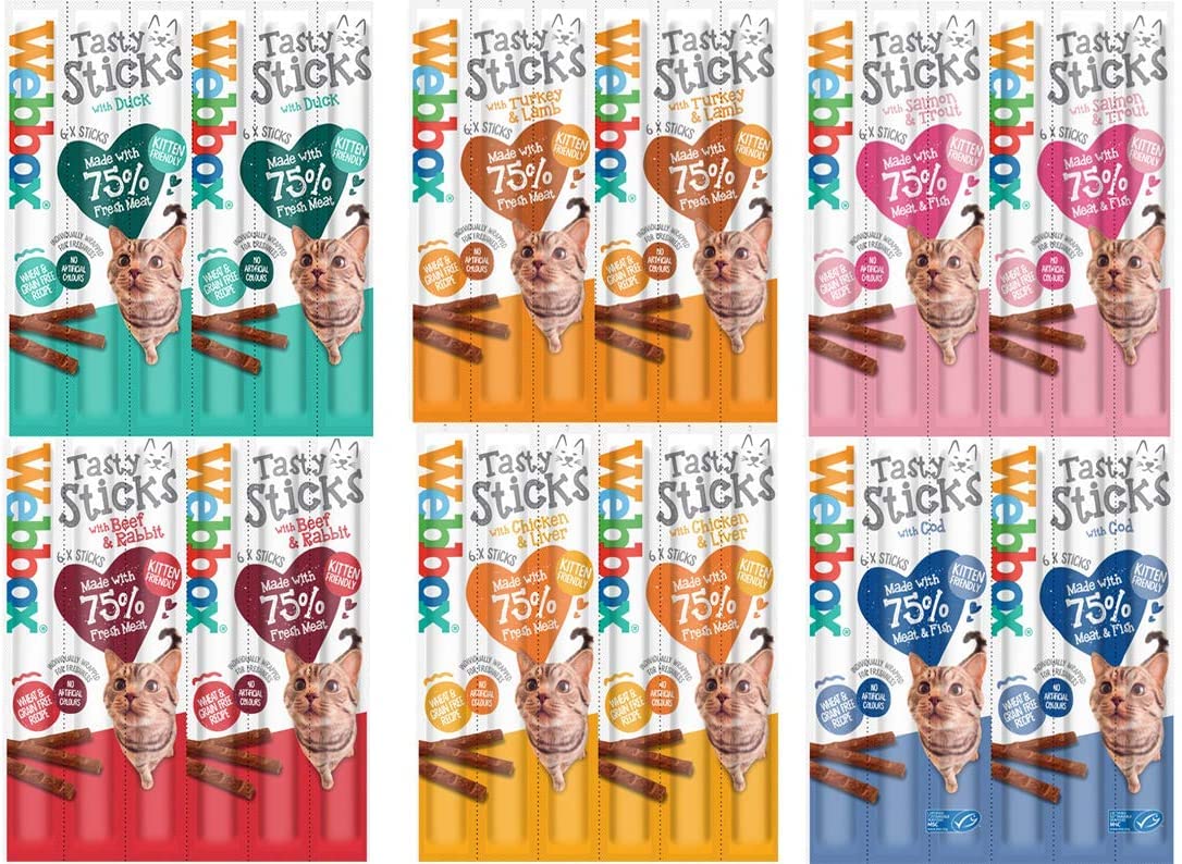 Cats Delight Tasty Sticks Chews Treats Variety Pack - Chicken & Liver, Turkey & Lamb, Beef & Rabbit, Salmon & Trout, Duck, Cod (72 Sticks) + Howsehold Tote Bag