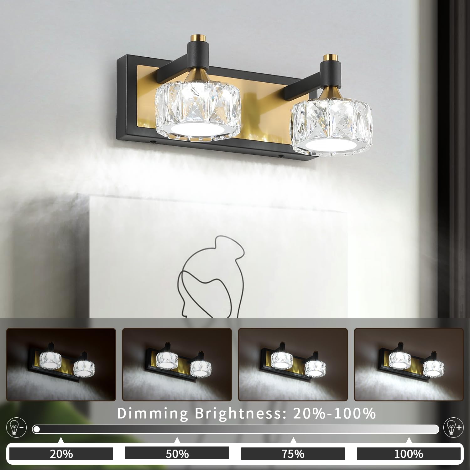 Crystal Wall Sconces Black Gold Wall Light Fixtures Bedroom Wall Lights with Glass Shade Modern Sconces Wall Lighting Black Sconce for Living Room Bathroom Wall Lamp
