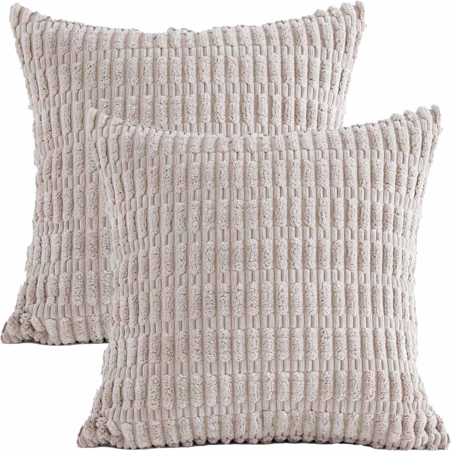 Tennove Cushion Covers 45x45cm Soft Corduroy Square Cushions Pillow Covers Set of 2 Boho Striped Decorative Throw Pillow Cases for Farmhouse Home Sofa Decor, Light Grey — image 1