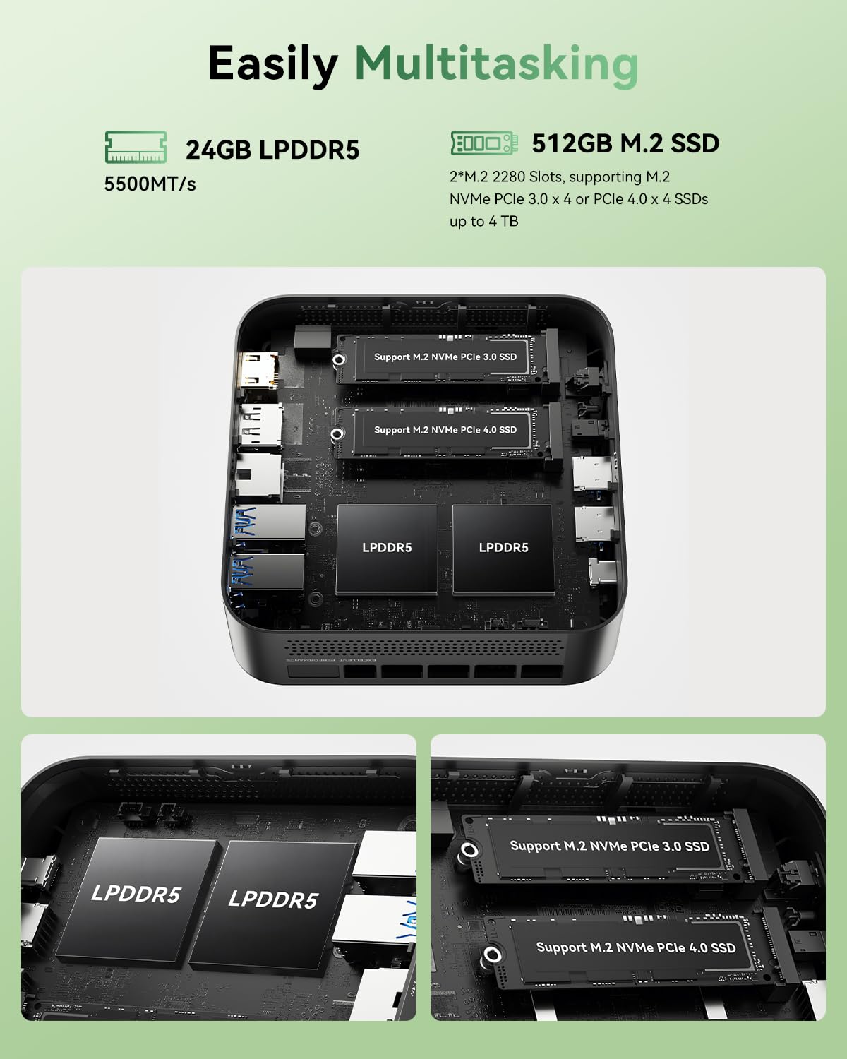 NiPoGi E3B Mini PC АMD Ryzen 7 7735HS(Besser als R7 5825U/R5 5730U, 8C/16T, bis zu 4,75 GHz), 24 GB LPDDR5 5500MT/s 512 GB M.2 NVMe PCIe 3.0 SSD Mini Desktop Computer W-11 Pro für Büro/Schule/Zuhause. 5