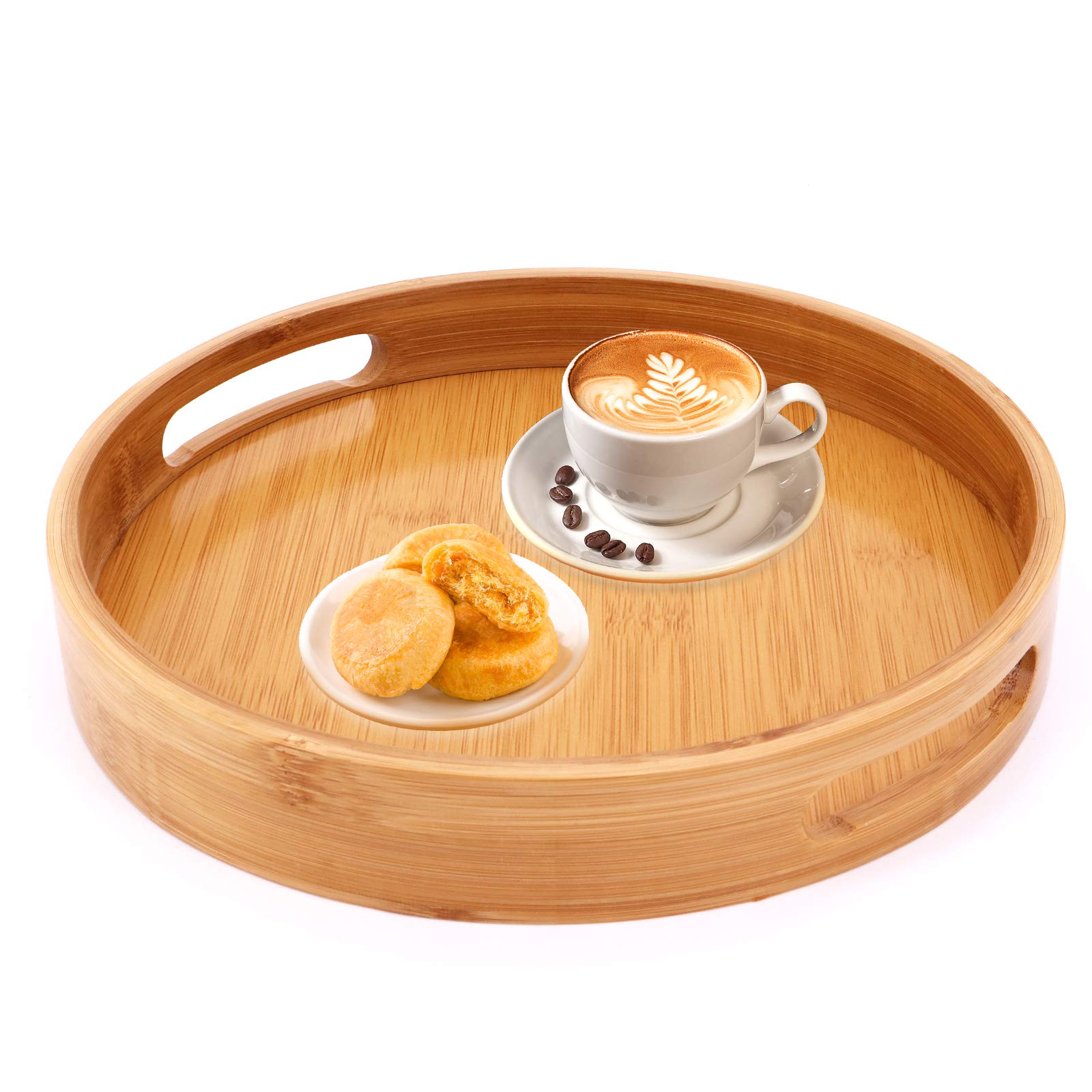 Bamboo Serving Tray, Round Serving Tray with Handles, Breakfast Dinner Tray Serving Platters for Coffee Wine Coffee Tea Fruit Meals (Medium-30x30cm)