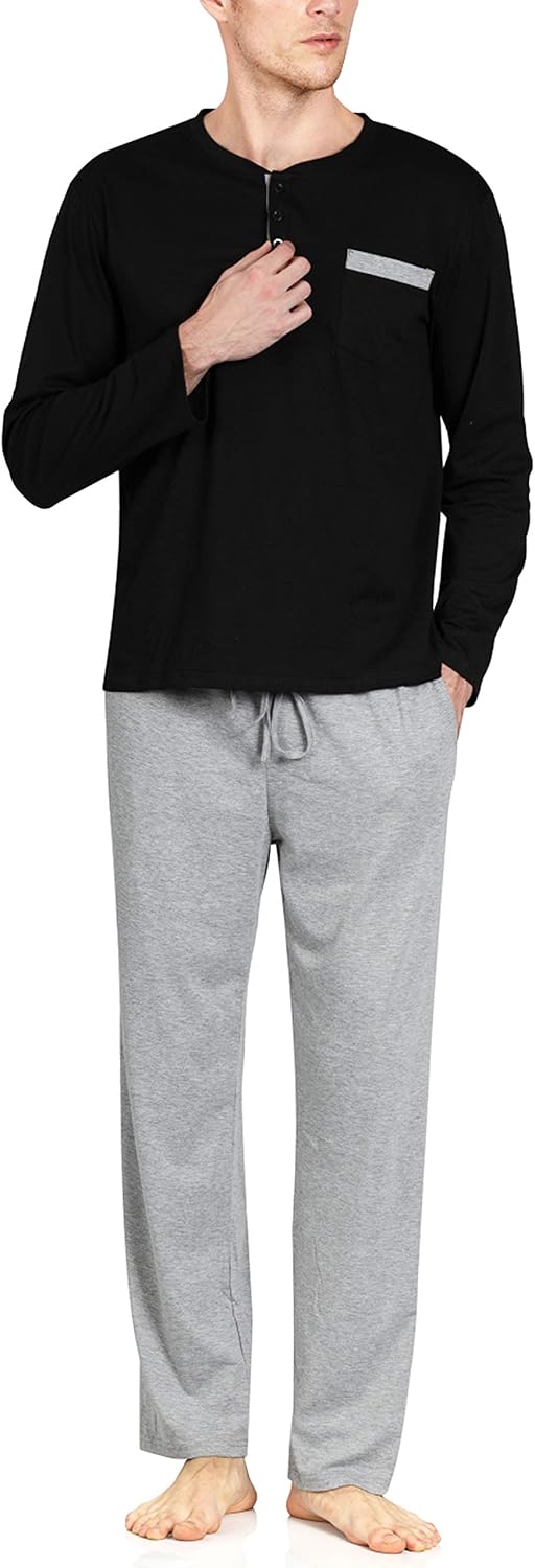 YIMANIE Men's Pajamas Set Soft Cotton Knit Long Sleeves and Pajamas
