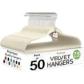 Techzoo 50 Pack New Premium Quality Velvet Hangers Ultra Thin Non Slip Adult Felt Space Saving Hangers for Closet Heavy Duty Coat Pants Jackets Dress Hangers 360&deg; Swivel Hook Hold Upto 10 lbs Ivory
