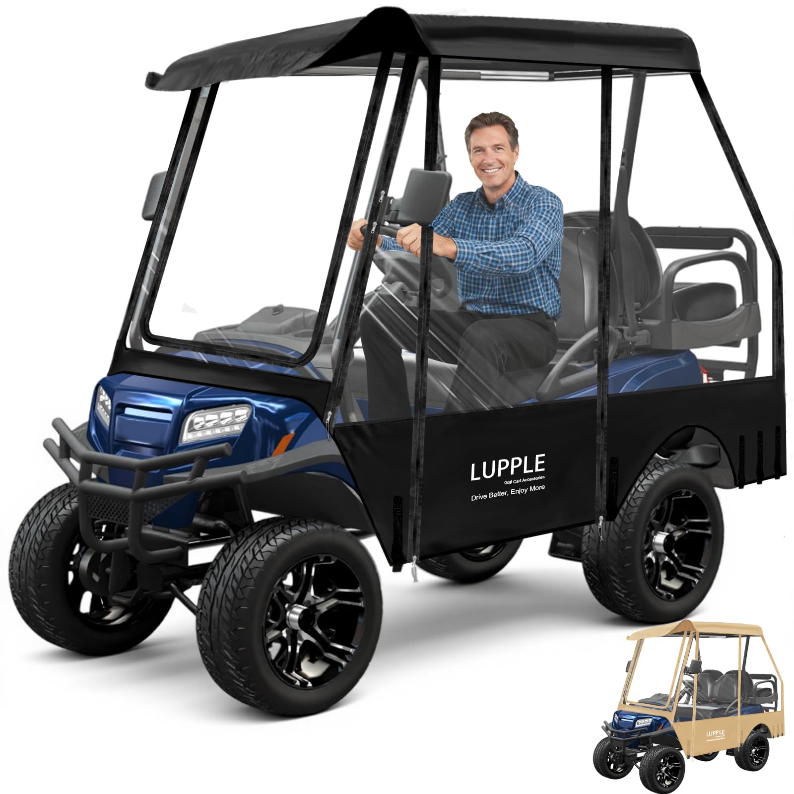 Photo 1 of 4 Passenger Golf Cart Enclosure for EZGO TXT RXV – Short Roof 59" Rain Cover, 2+2 Seater Winter Weather Protection with 600D Waterproof Windproof Oxford & 4-Sided Clear PVC Zippered Doors (Black)