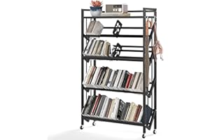 ybaymy Book Carts with Wheels, Library Rolling Book Cart 5 Tier Movable Bookshelf Mobile Large Capacity Organizer Rack for Teacher Classroom Office Room School (57.5'' H)