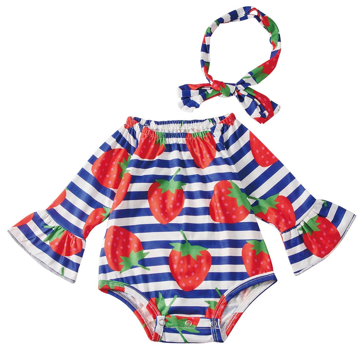 Leapparel Vintage Jumpsuit Long Sleeve Boy Summer Outfit Baby Girl Whlte and Blue Stripe Dress Button Tops, Strawberry, 6-12 Months/Size 80