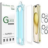 amFilm OneTouch for iPhone 15 Screen Protector 6.1'' Tempered Glass | Auto-Alignment, 30s Install, Bubble Free, Scratch &amp; Drop Protection, HD Clear, Camera Lens Protector[2+2 Pack] (15-6.1'')
