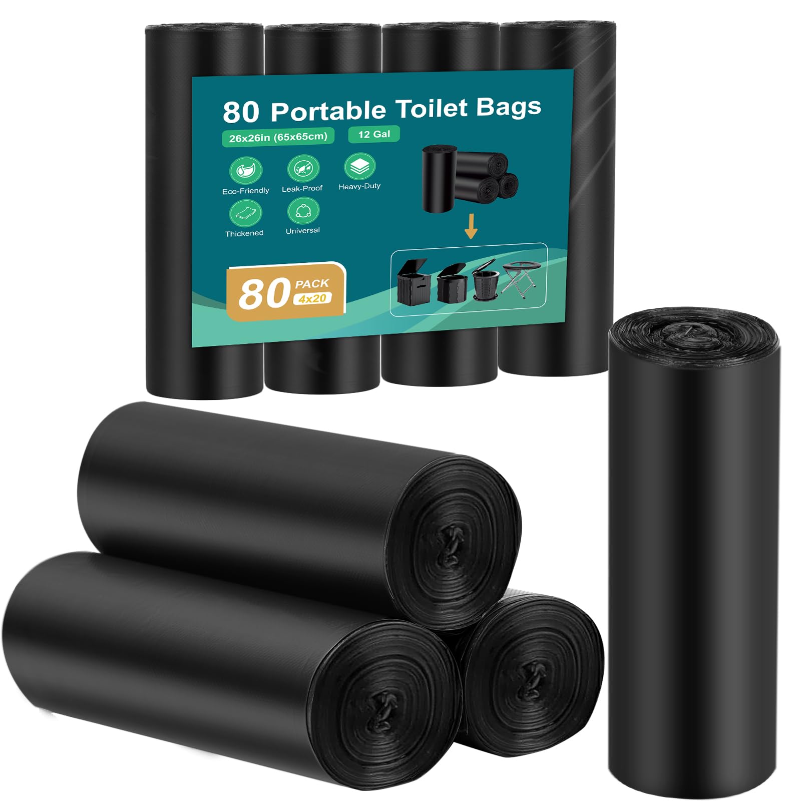 WADEO 80-Pcs Camping Toilet Liner Bags, 45L/12 Gallon, Portable Toilet Bags, Trash Bags for Camping, Hiking, Travel, Kitchen, Home