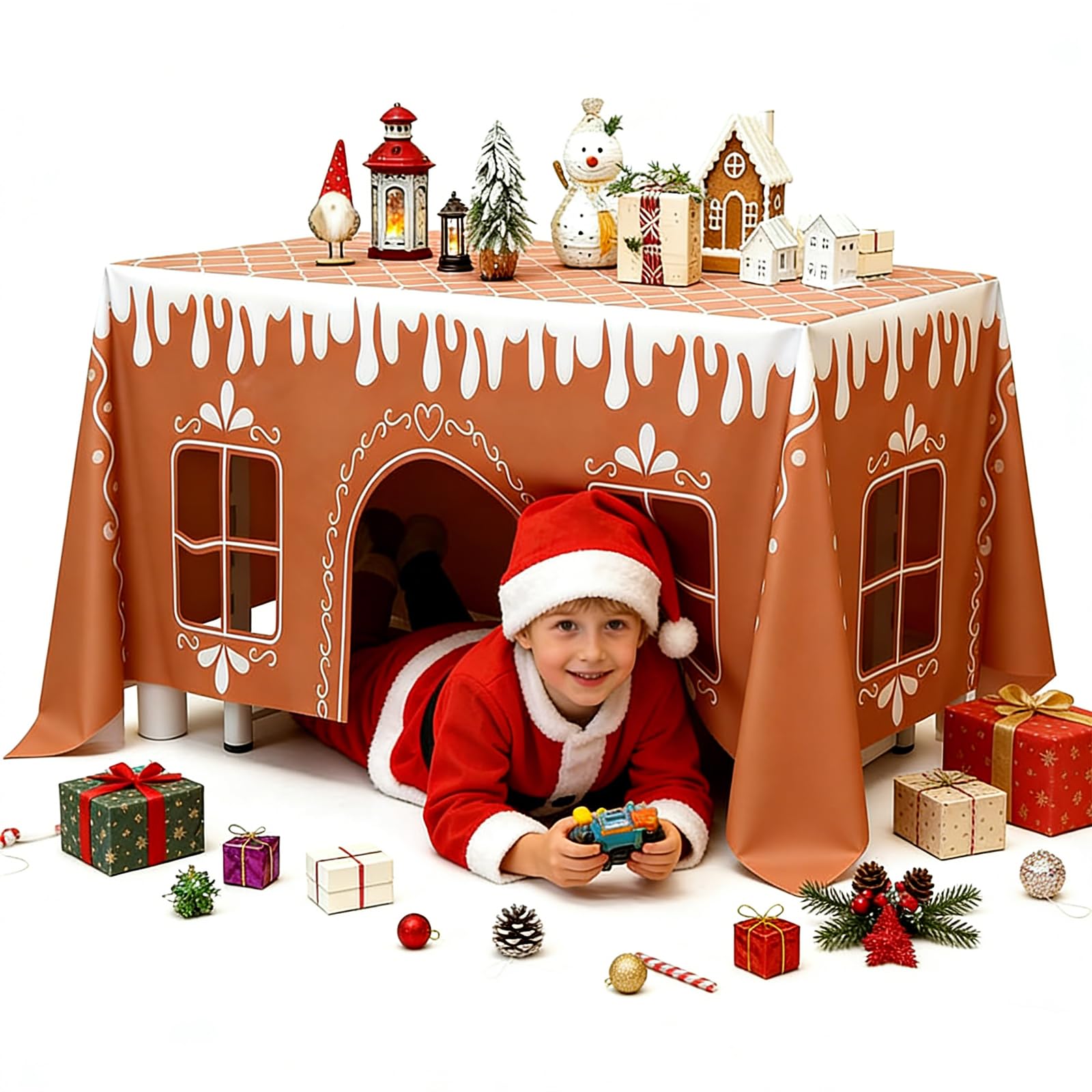 Photo 1 of 2026 Gingerbread House Christmas Tablecloth, Interactive Gingerbread Playhouse Table Cover, Festive Winter Pattern Cloth for Party Dining Room