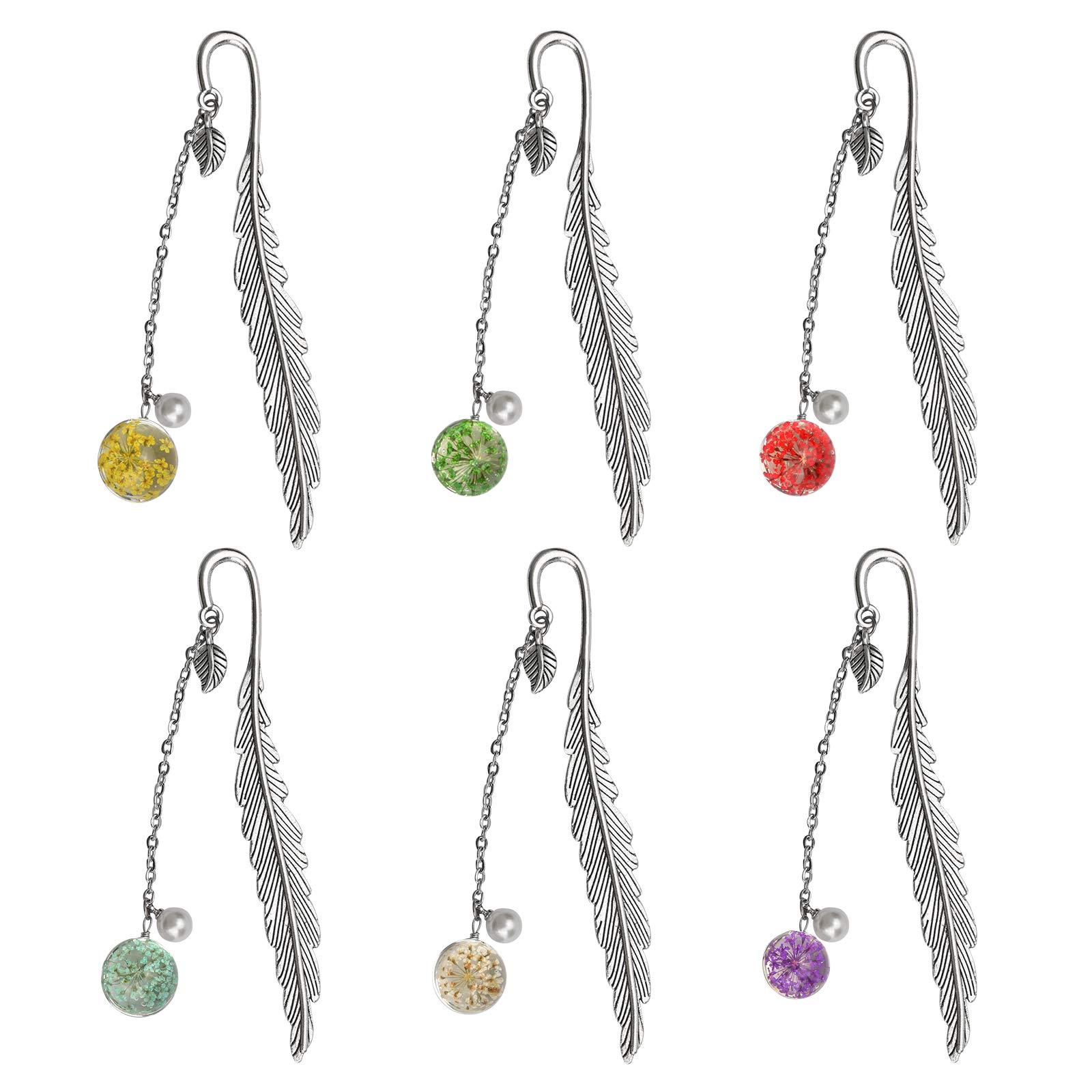 6 Pieces Metal Feather Bookmarks with Leaf Eternal Dry Flower Pearl Pendant Crafts, Vintage Creative Book Mark Clip Page Marker, for Boys Girls Kids Women Adults Gift, 6 Colours, Silver