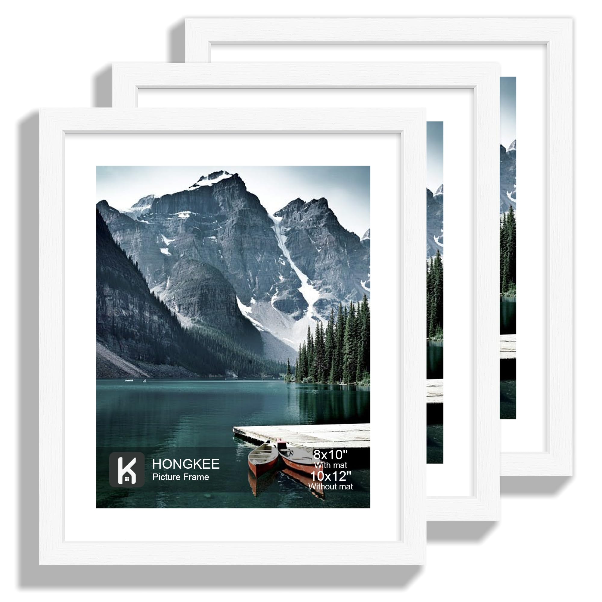 Hongkee 10x12 Picture Frame with Real Glass - Display Pictures 8x10 with Mat or 10 x 12 without Mat, Photo Frame for Wall or Table Top Display(White, 3 Pack) Image