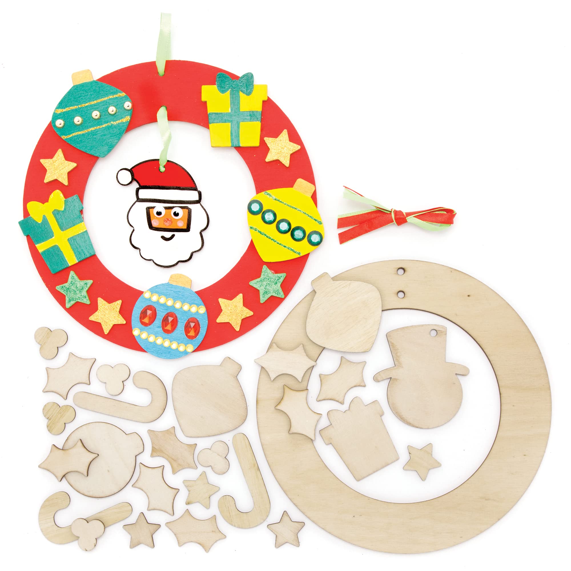 Baker Ross FE909 Christmas Wooden Wreath Kits - Pack of 2, Wreath Ring to Decorate and Display, Wood Crafts for Kids, Make Your Own Christmas Decorations