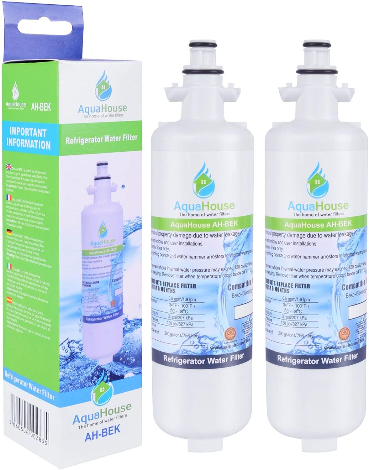 2X AquaHouse AH-BEK Refrigerator Water Filter for Beko 4874960100, Lamona HJA6110 LAM6100, Blomberg KFD9952PXDUK