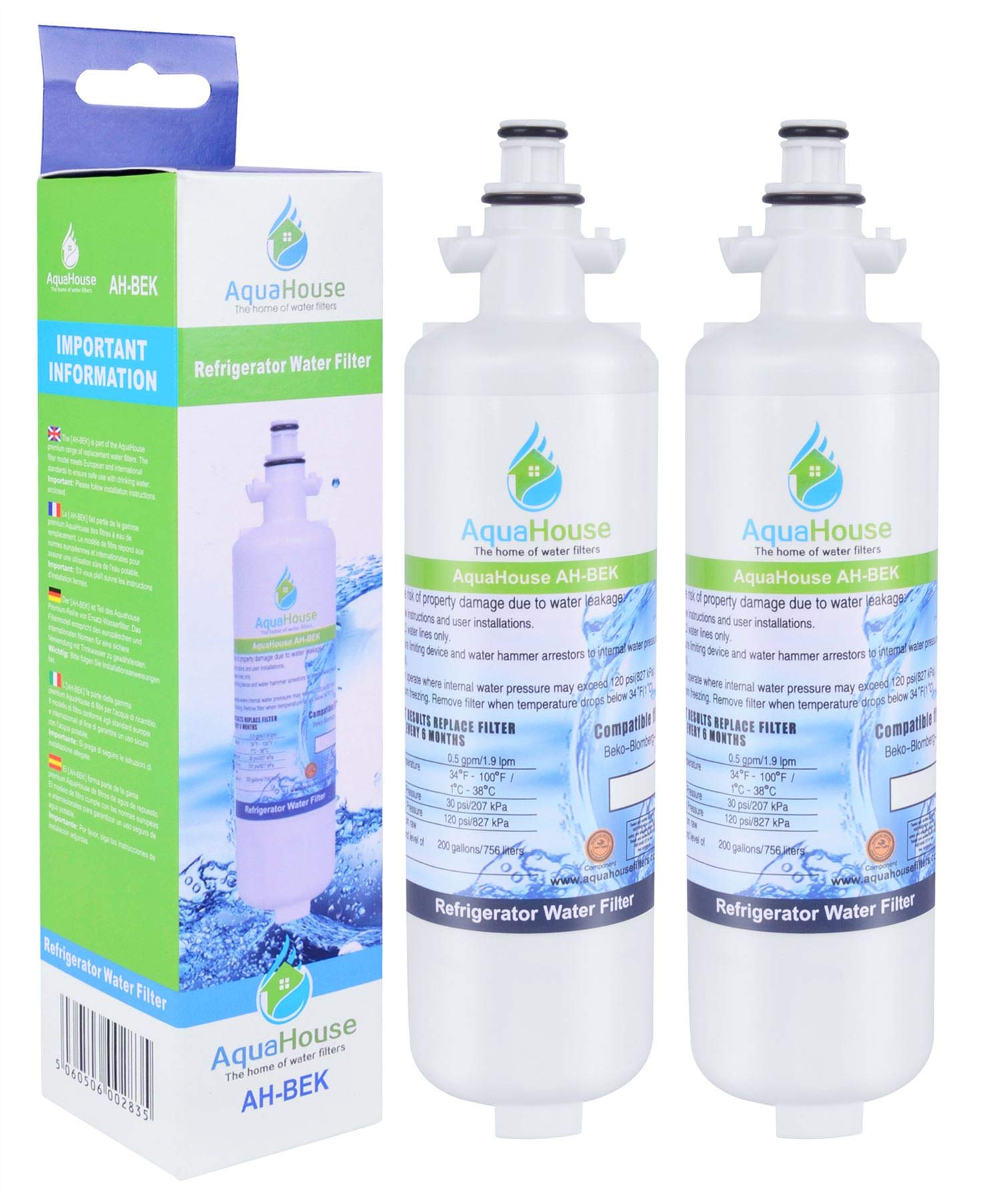 2X AquaHouse AH-BEK Refrigerator Water Filter for Beko 4874960100, Lamona HJA6110 LAM6100, Blomberg KFD9952PXDUK, Grundig GSN9440XA Compatible