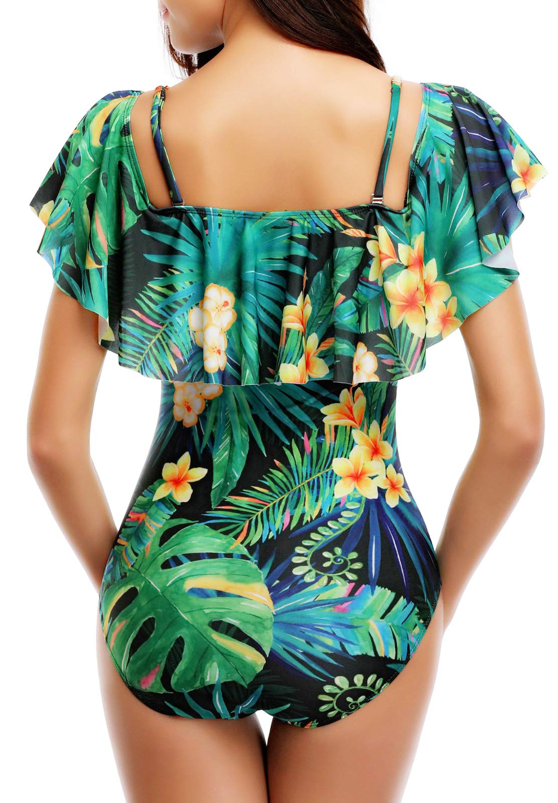 Yong Dong Ruffle Off Shoulder One Piece Swimsuits for Women Vintage Flounce Bathing Suits (Yellow Floral, Medium)