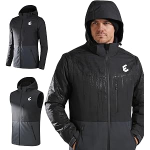 EXELION Waterproof rain jacket, lightweight windbreaker with hood; breathable, mens rain jacket, 2-in-1 vest, 6 pockets