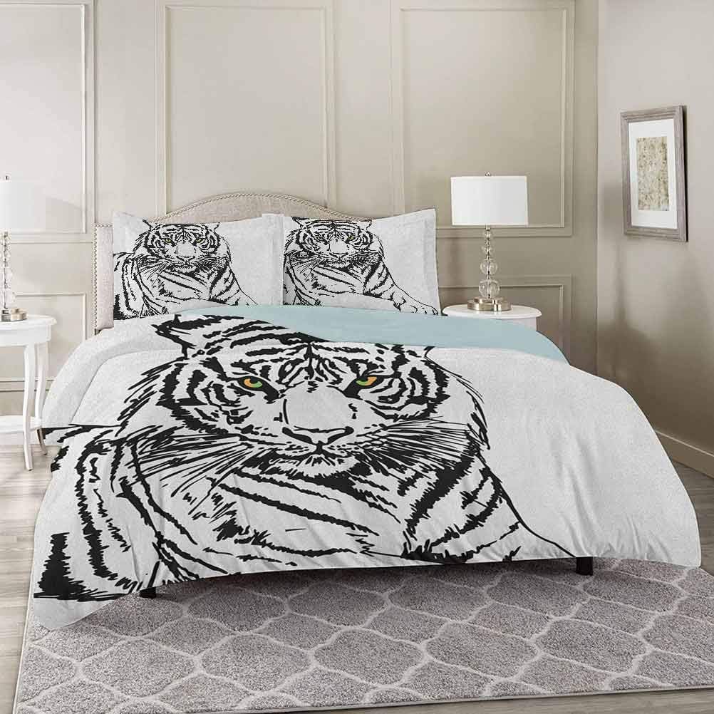YUAZHOQI Safari Duvet Cover 3 Piece Set California King, Sketch of A Posing Tiger Sharp Eyes Largest Cat Species Dark Vertical Strip Comforter Cover with Zipper Closure and 2 Pillow Shams