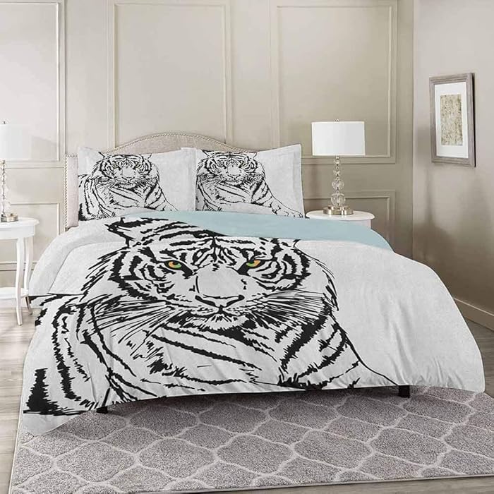 YUAZHOQI Safari Duvet Cover 3 Piece Set California King, Sketch of A Posing Tiger Sharp Eyes Largest Cat Species Dark Vertical Strip Comforter Cover with Zipper Closure and 2 Pillow Shams