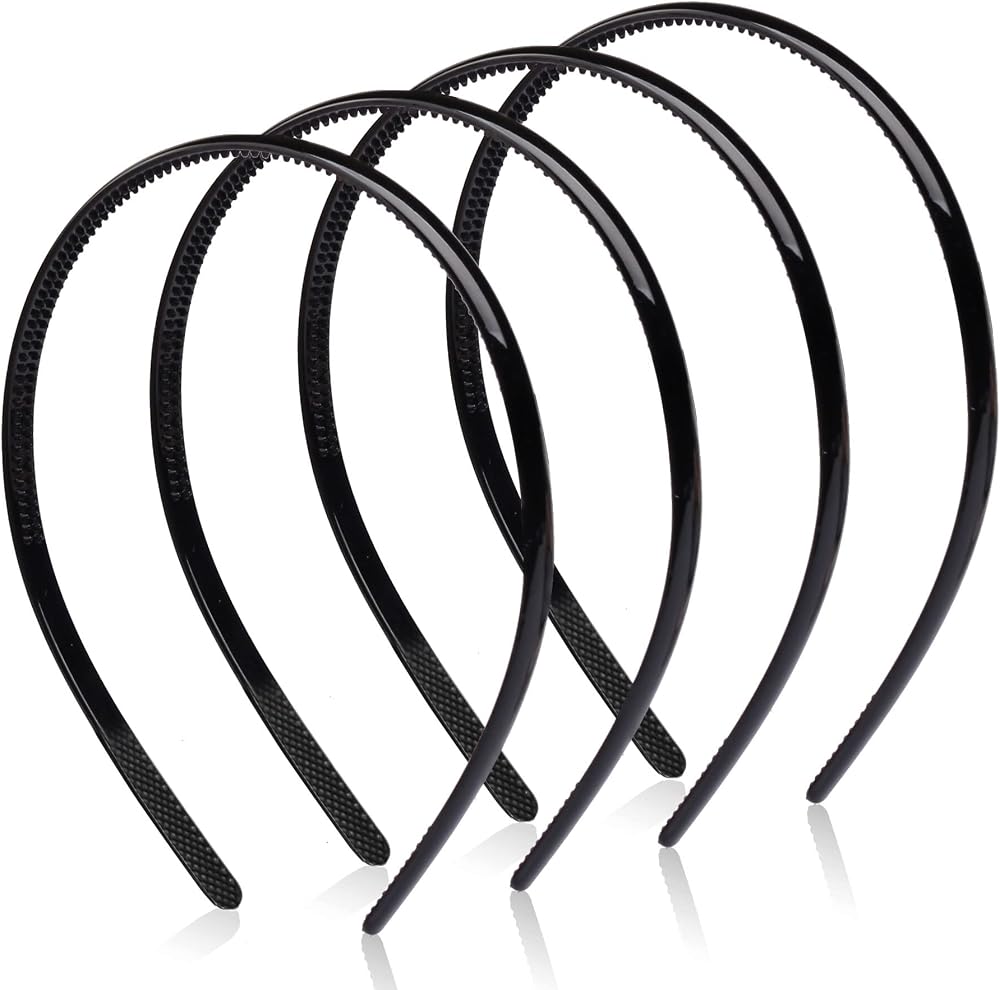 Kuou 4x Plastic Headbands Black 8mm Thin Teeth Non Slip Hair Bands