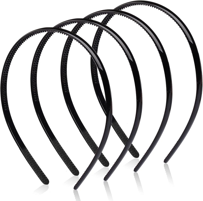 Kuou 4x Plastic Headbands Black 8mm Thin Teeth Non Slip Hair Bands