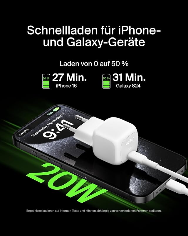 BoostCharge kompaktes Ladegerät (20 W), USB-C Power Delivery Schnellladegerät, USB C Netzteil für Apple iPhone 17, 16, Samsung Galaxy S25, iPad, AirPods usw., inklusive Typ C to C-Kabel – Weiß
