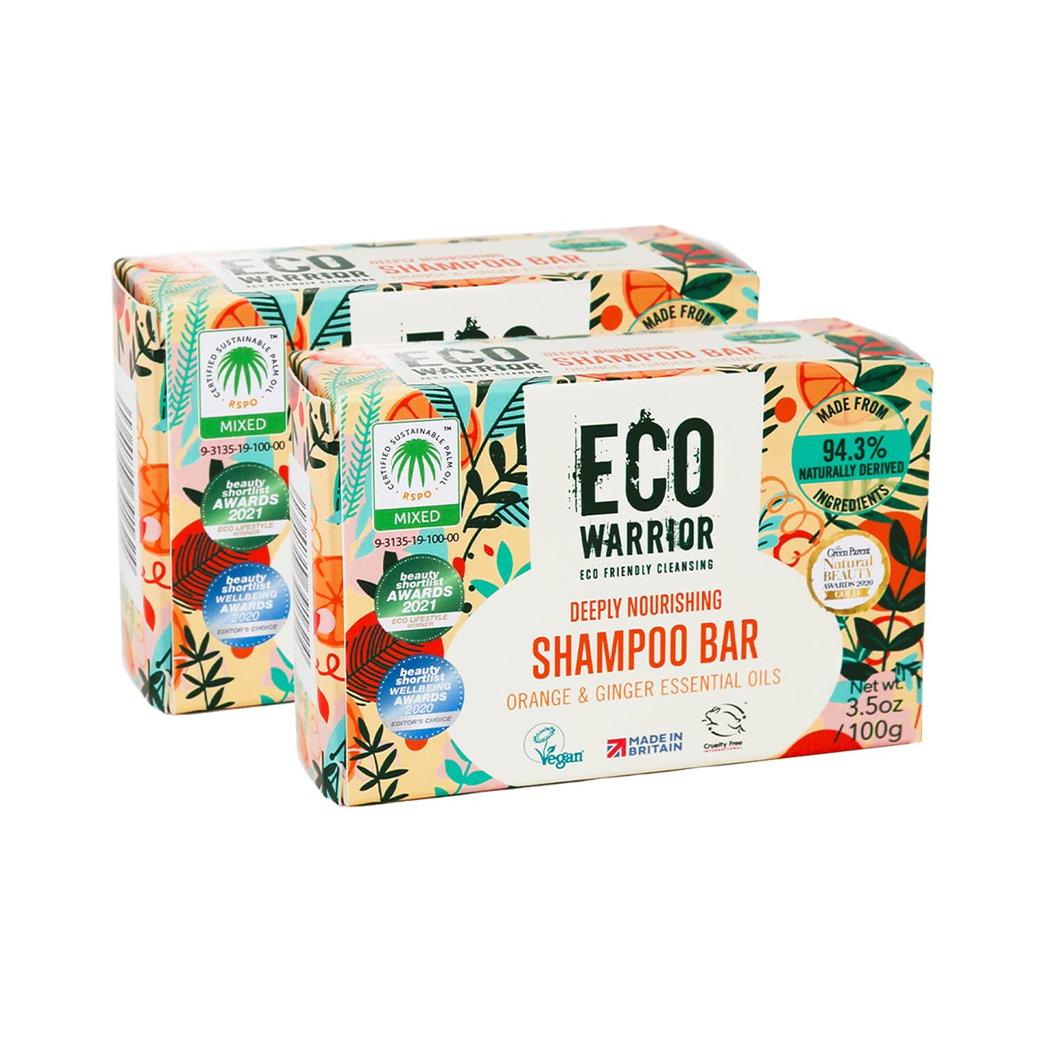 Eco Warrior Deeply Nourishing Shampoo Bar Duo Pack 100gx2 | Vegan, Cruelty Free, Natural, No SLS or Parabens| Cleansing & Hydrating Pink Clay, Pure Orange & Ginger Essential Oil | Gifts for Her or Him