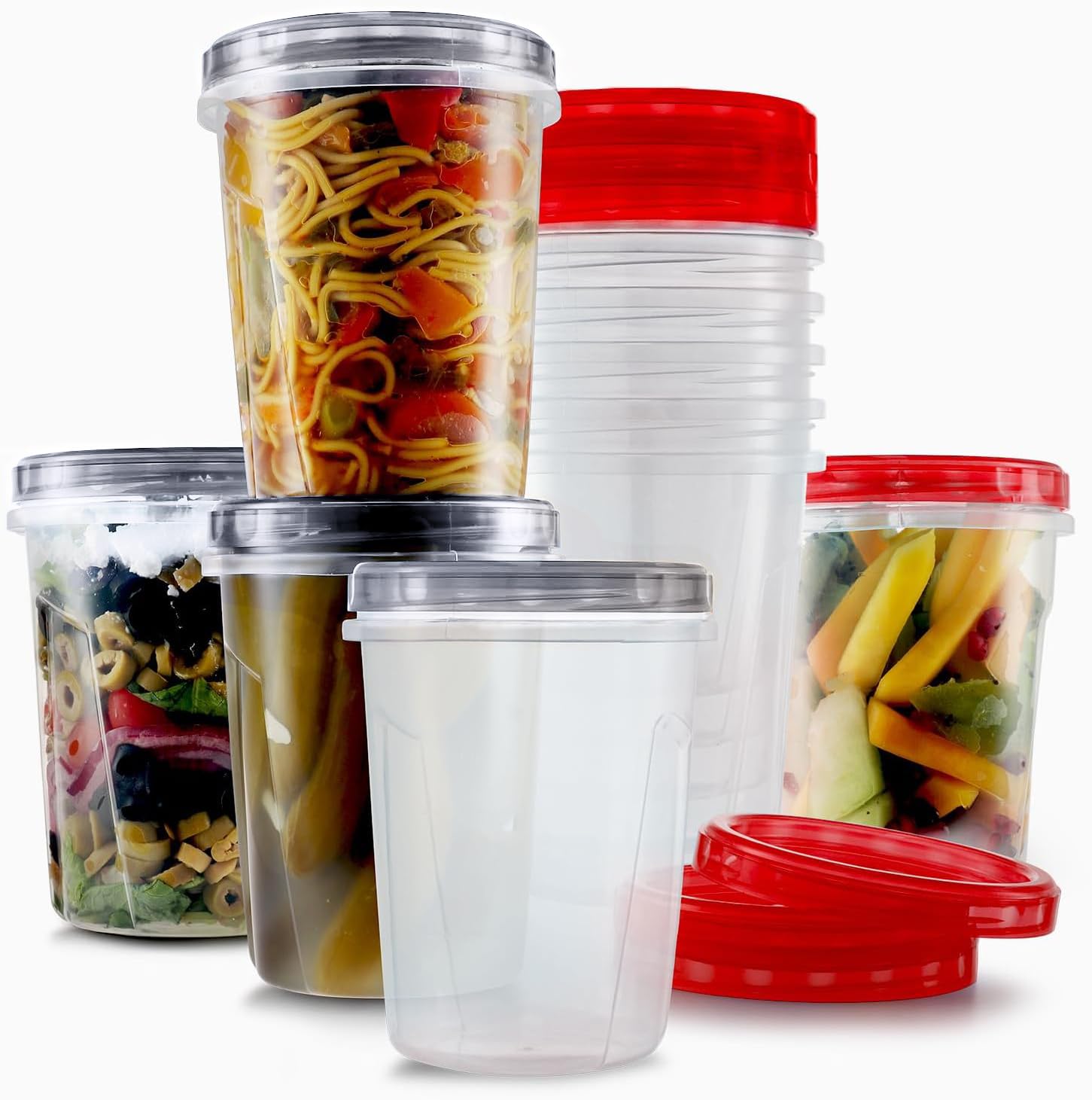 Tafura 10 Pack Leakproof Freezer Containers for Food with Twist Top Lids - 32 Oz BPA Free - Black/Red Lids Image