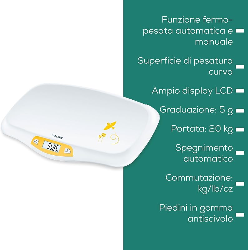 BY 80 Bilancia Pesaneonati, Funzione Fermo-Pesata Automatica o Manuale per Maggiore Precisione, Display grande, Superficie di Appoggio Curva, Piedini antiscivolo, colore Bianco