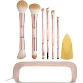 MAANGE 6Pcs Double Ended Makeup Brush Set with Makeup Sponge &amp; Travel Bag | Soft Synthetic Face Eye Brushes, Portable Makeup Tools for Foundation Concealer Blush Eyebrow Blending(Rose Gold)