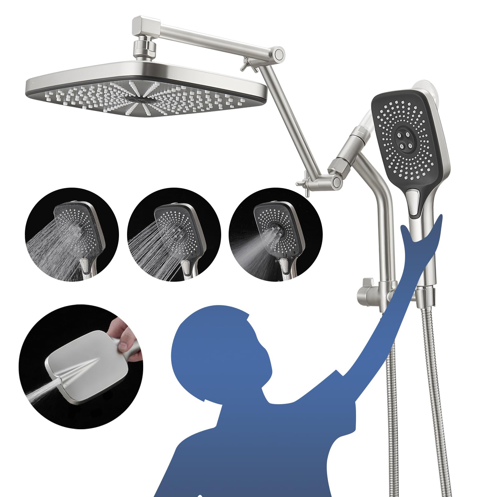 Photo 1 of Psylc 12" High Pressure Rain/Rainfall Shower Heads With Handheld Spray Combo (3+1 Settings & Built-in Power Wash Mode), Double/Dual Shower Head With Handheld - Height/Angle Adjustable(Brushed Nickel)