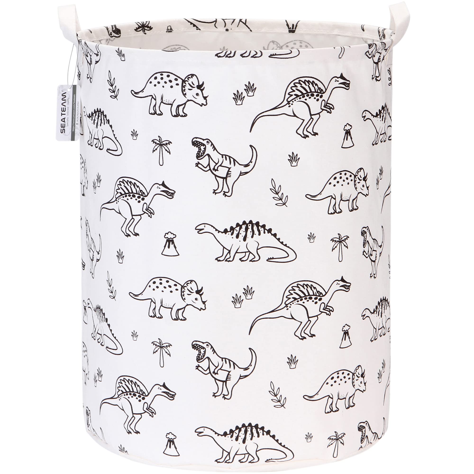 Sea Team 19.7 Inch Large Sized Waterproof Coating Ramie Cotton Fabric Folding Laundry Hamper Bucket Cylindric Burlap Canvas Storage Basket with Stylish Dinosaur Design