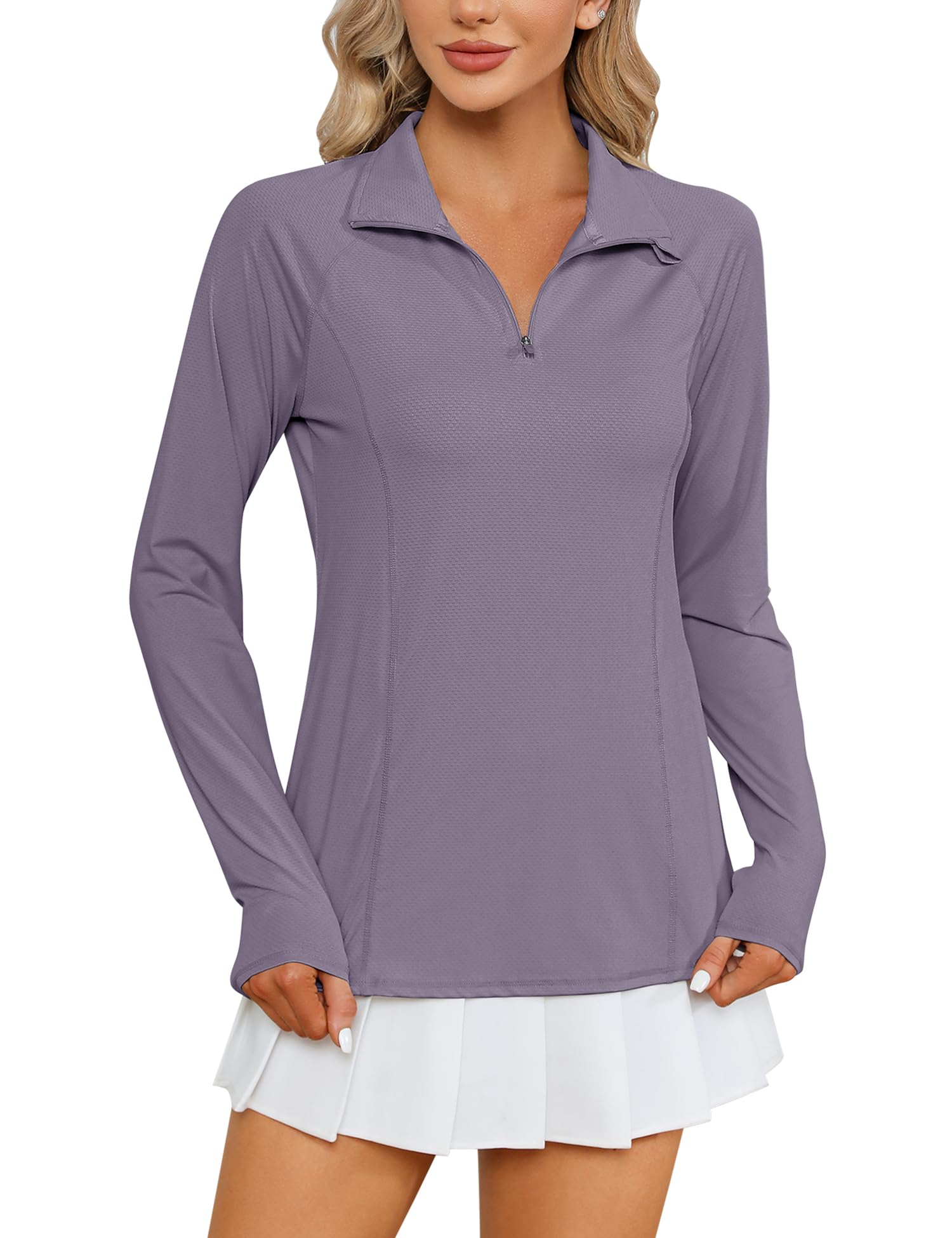 Photo 1 of LOMON Women Long Sleeve Shirts Sun Protection 1/4 Zip Summer Quick Dry Hiking Shirts Quarter Zip Pullover Women?Gray Purple,L?