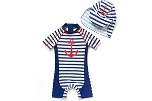 BONVERANO Baby Boy Swimsuit S/S One Piece UPF50+ Sunsuit Sun Protection with Zipper Garage(Ship Anchor, 9-12 Months)