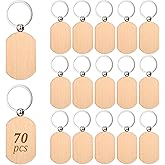 70 PCS Wooden Keychain Blanks, Wood Engraving Blanks Key Chain, Unfinished Rectangle Round Wood Key Tag for DIY Crafts