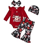 BHGHB My First Christmas Baby Girl Outfits Elk Print Long Sleeves Romper Flared Pants Sets Baby Girl Christmas Outfits