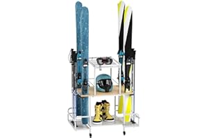 YESHINE Freestanding Ski Storage Rack for Garage, Steel Ski Gear Holder with Wheels, Floor Standing Snowboard Stand Fits 4 Pair Ski, Snowboard, Boot, Pole, Goggles, Helmet and More Ski Sports Equipment