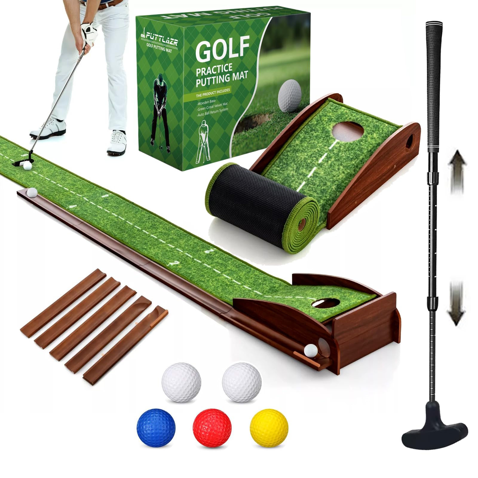 Photo 1 of PUTTLAZR Indoor Golf Putting Mat with Putter & 5 Golf Balls, Auto Ball Return Golf Putting Set, Smoothly Velvet Putting Matt for Indoors, Home, Office, Backyard, Golf Gift for Men, Green