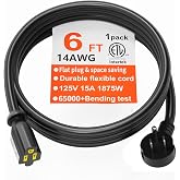 HUANCHAIN 14 Gauge 6 FT Black Flat Plug Extension Cord, Indoor | Low Profile Flat Plug, Heavy Duty 3 Prong Grounded, Flexible SJTW, 15A 1875W 125V, ETL Listed, Home/Workshop/Outdoor