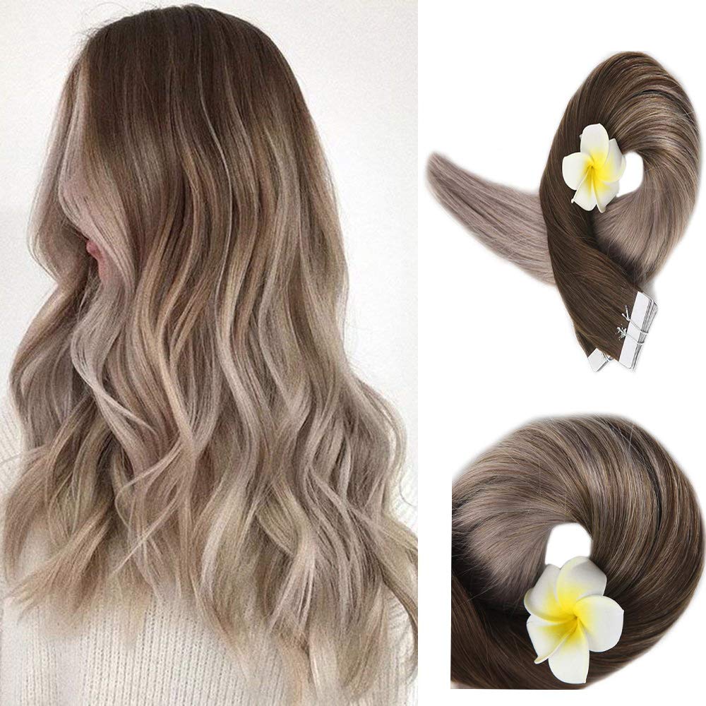 Full Shine Tape Extensions Echthaar Blonde 22zoll 50g pro Paket Farbe 4/18 Mittelbraune Mischung ...