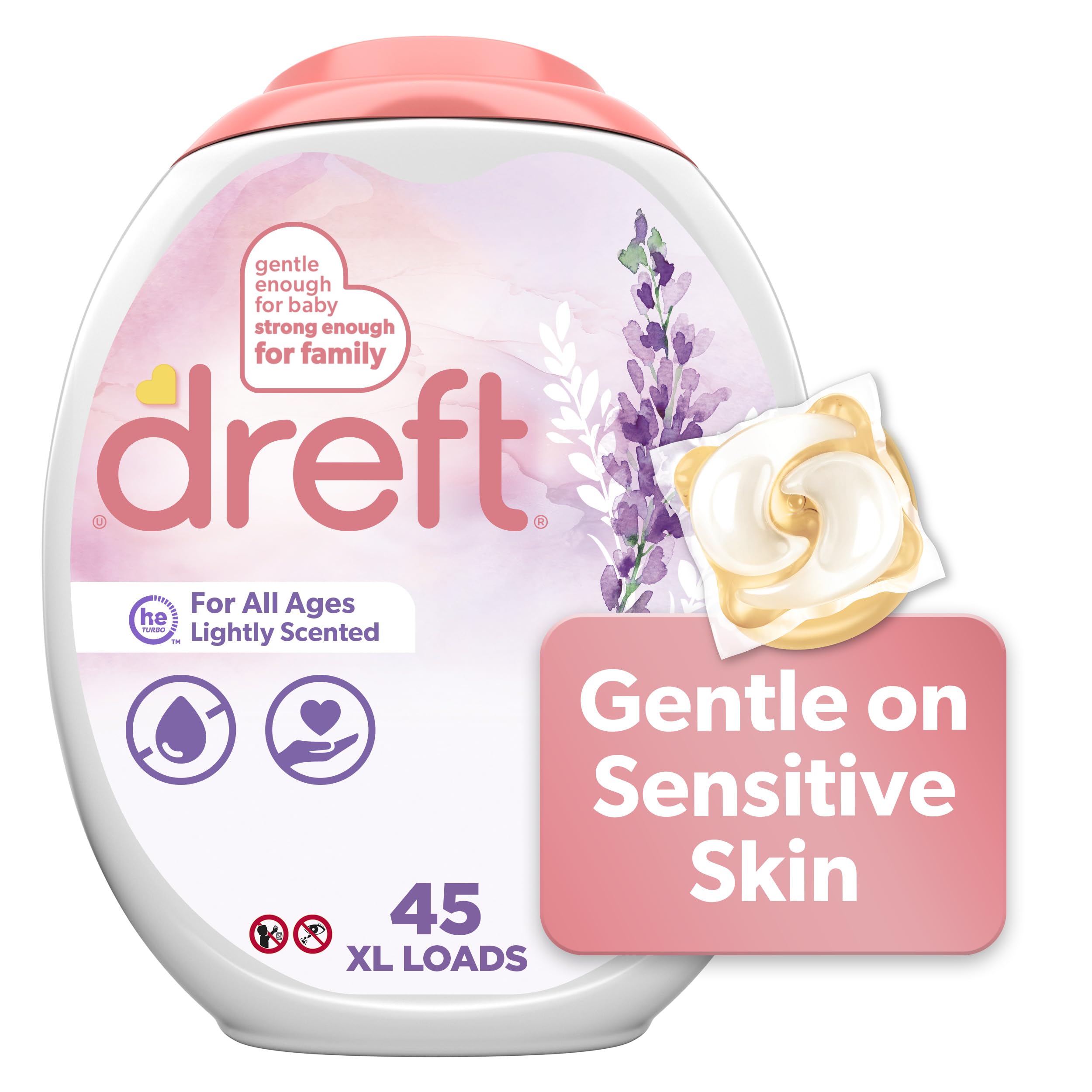 Dreft Laundry Detergent Pacs, Lightly Scented, Lavender, HE Compatible, For Baby and Family, XL Pacs, 45 Count