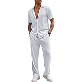 COOFANDY Men's 2 Piece Outfit Casual Short Sleeve Button Down Shirt Beach Summer Loose Pant Sets