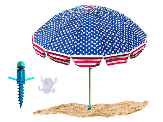 Party With Pride Giant 8 Beach Umbrella/Includes Large Sand Anchor/Hanging Hook/Carry Bag/UV Protection for Sun and Outdoor/Windproof/Adjustable & Telescoping (American Flag)