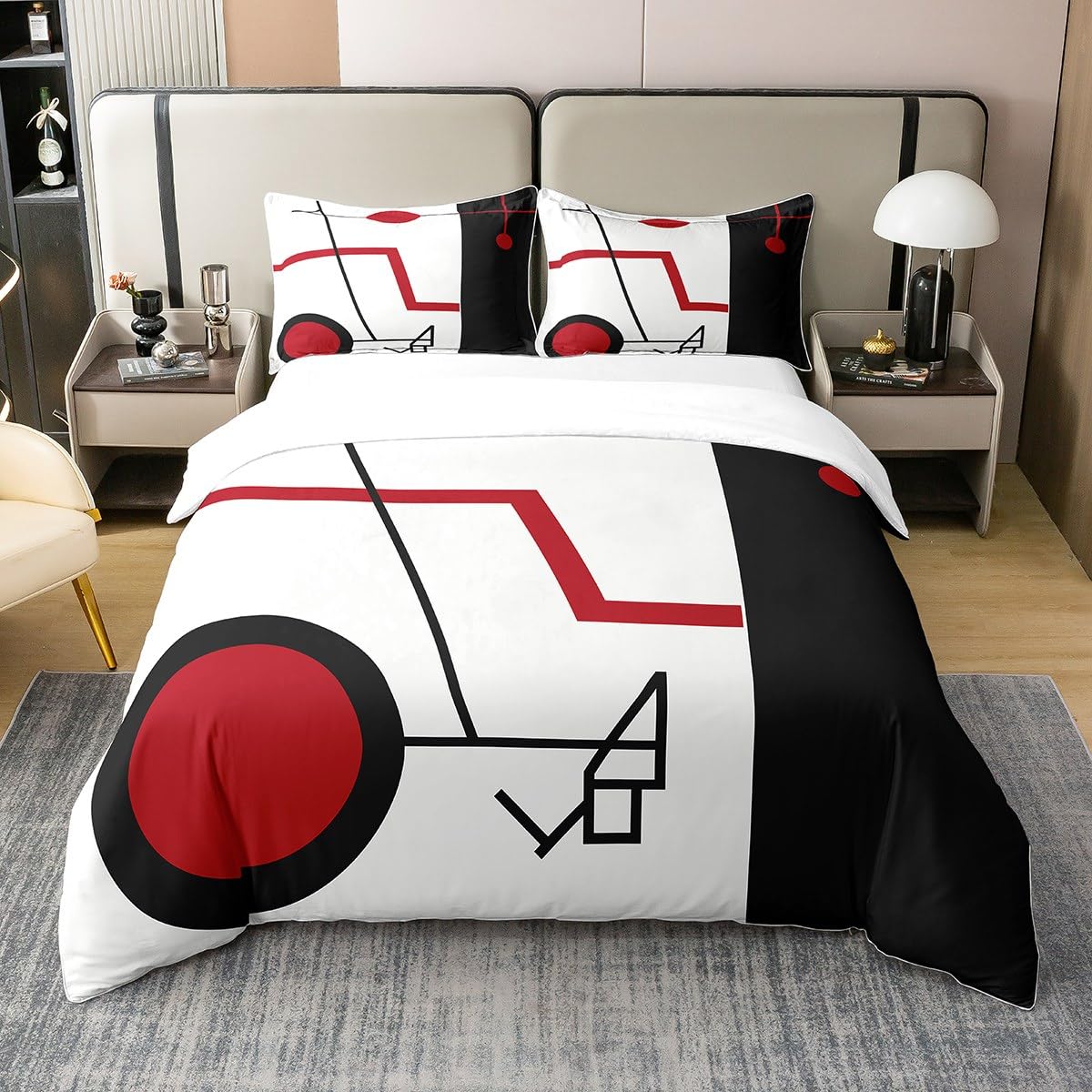 Homewish Circle Stripes Cotton Duvet Cover,Black White Red Lines Bedding Red Swirls Circle Comforter Cover Geometric Abstract Striped Bed Sets with 2 Pillowcases King