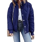 Fazortev Womens Dolman Quilted Jackets Casual Button Down Winter Long Sleeve Stand Neck Lightweight Warm Coat