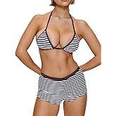 MakeMeChic Women's Striped Bikini Set Halter Triangle Tie Backless String Swimsuit with Boyshorts