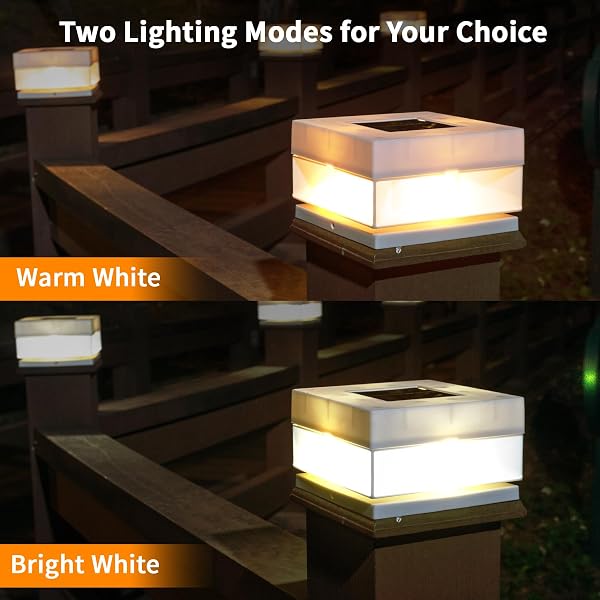 SOLAR POST CAP LIGHTS,50 LUMEM BRIGHTNESS,2 MODES WARM WHITE/BRIGHT WHITE OUTDOOR FENCE POST CAP LIGHT GARDEN DECOR LITHIUM BATTERY POWERED LIGHTING FITS FOR 4X4 5X5 WOODEN POSTS 4X4 5X5 VINYL POSTS
