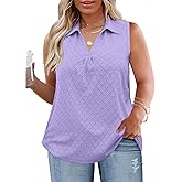 ROSRISS Womens Plus-Size-Tank-Tops Summer Sleeveless Casual Shirts Lapel V Neck Tunics Eyelet Tees