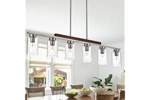 TODOLUZ Kitchen Island Lighting, Farmhouse Pendant Light Fixture with Wood Frame & Clear Glass Shades, Modern Dining Room Chandelier in Brushed Nickel E26 Bulb Base
