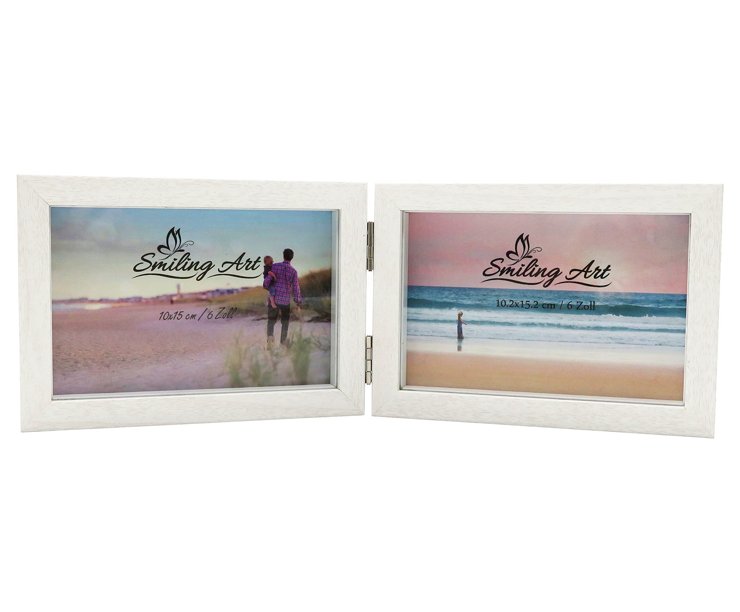 Smiling Art | Double Photo Frame | 10x15 cm MDF Wood with Glass Front | Foldable Picture Frame for 2 Photos, Free-Standing | with Depth Effect | Landscape Format (White, Landscape, 2x10x15 cm)