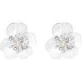 Sylph Big Flower Earring for Women, Trendy 18K Gold Plated Boho Floral Petal with Pearl Dangling Lightweight Chunky Long Flower Drop Prom Wedding Jewelry Gift for Brides Bridesmaid (Gold, Silver)